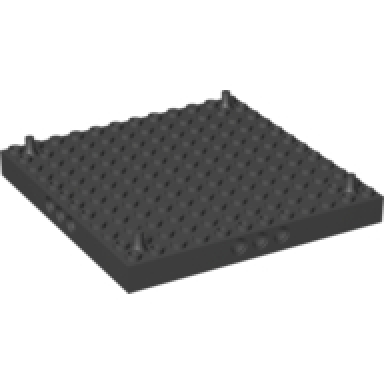 black brick modified 12 x 12 with 3 pin holes on each side and peg at each corner