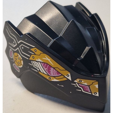 black dragon head ninjago with stepped top and pin hole on back with magenta and bright pink mechanical eyes and nostrils bright light orange worn armor plates silver lines and rivets pattern