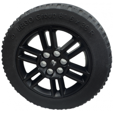 black wheel 56mm d x 34mm technic racing medium 6 pin holes axle hole open spokes with black tire 81.6 x 36 r technic straight tread 49294 x1825