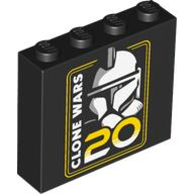 black brick 1 x 4 x 3 with yellow 20 and white clone wars and clone trooper helmet pattern