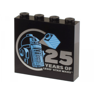 black brick 1 x 4 x 3 with bright light blue and medium blue r2-d2 minifigure and silver 25 years of lego star wars pattern