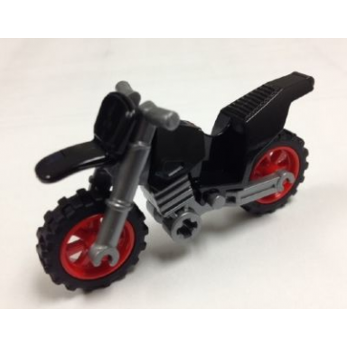 black motorcycle dirt bike with flat silver chassis long fairing mounts and red wheels