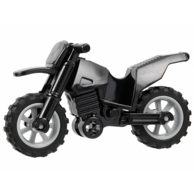 motorcycle dirt bike with black chassis long fairing mounts and light bluish gray wheels