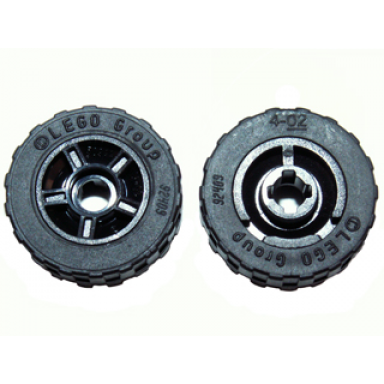 black wheel 11mm d x 6mm with 5 spokes with black tire 17.5mm d x 6mm with shallow staggered treads - band around center of tread 50944 92409
