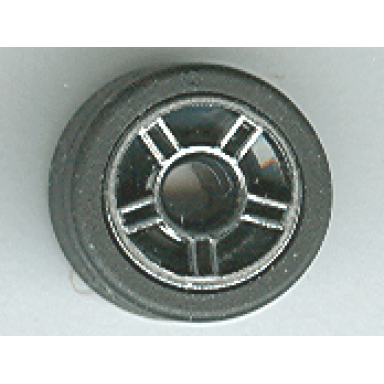 black wheel 11mm d x 6mm with 5 spokes with silver outline pattern with black tire 14mm d x 6mm solid smooth 50944pb01 50945