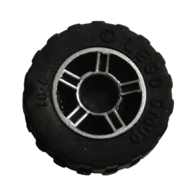 black wheel 11mm d x 6mm with 5 spokes with silver outline pattern with black tire 17.5mm d x 6mm with shallow staggered treads 50944pb01 42611