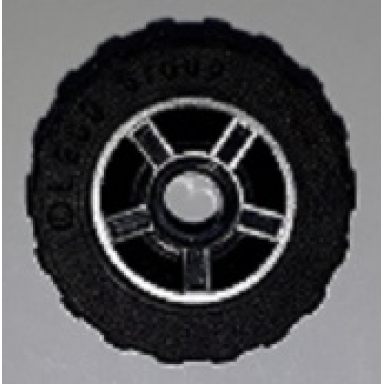 black wheel 11mm d x 6mm with 5 spokes with silver outline pattern with black tire 17.5mm d x 6mm with shallow staggered treads - band 50944pb01 92409