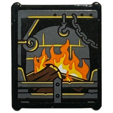 black glass for window 1 x 3 x 3 flat front with dark bluish gray fireplace with hook and chain yellow and orange flames and reddish brown logs pattern sticker - set 76428