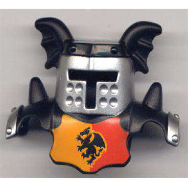 black duplo wear head armor with silver face shield and black top and red and yellow breastplate and dragon pattern