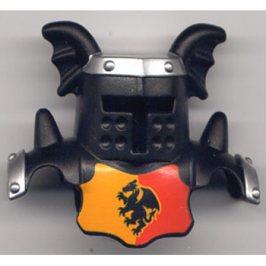 black duplo wear head armor with black face shield and silver top and red and yellow breastplate and dragon pattern