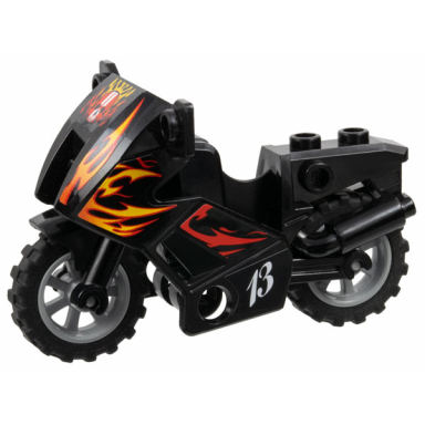black motorcycle city with black chassis light bluish gray wheels and fairing with red and yellow flames and white 13 pattern stickers - set 8896