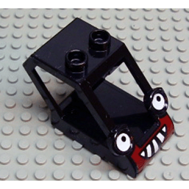 black duplo cabin crawler backhoe sloped 2 x 4 x 2 with headlights eyes and dark red white grille pattern benny