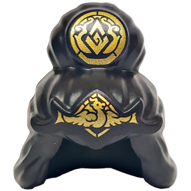black minifigure hair female mid-length swept back with top knot bun with gold dragon and monkie kid color stone in circle pattern