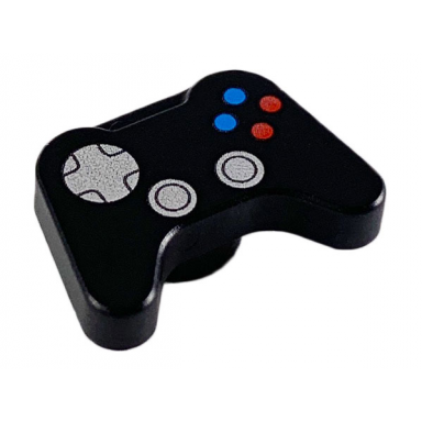 black minifigure utensil video game controller with silver directional pad and thumbsticks blue and red buttons pattern