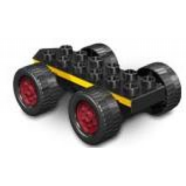 black duplo car base 2 x 6 with four black wheels and dark red hubs with yellow stripes pattern
