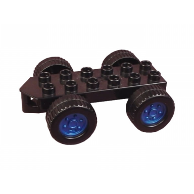 black duplo car base 2 x 6 with four black wheels and pearl blue hubs