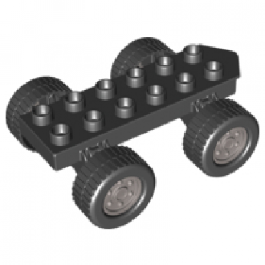 black duplo car base 2 x 6 with four black wheels and metallic silver hubs