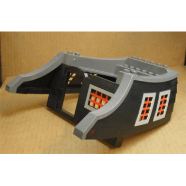 black duplo boat aft cabin with red windows and door opening