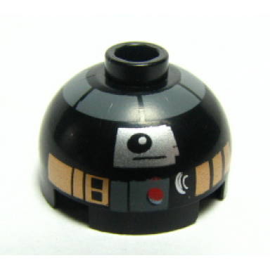 black brick round 2 x 2 dome top with silver and copper pattern r2-q5 droid