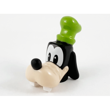 black minifigure head modified dog with light nougat muzzle white eyes buck teeth and lime hat pattern goofy