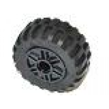 black wheel 18mm d x 14mm with pin hole fake bolts and shallow spokes with black tire 30.4 x 14 offset tread - band around center of tread 55981 92402