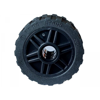 black wheel 18mm d x 14mm with pin hole fake bolts and shallow spokes with black tire 24 x 14 shallow tread band around center of tread 55981 89201