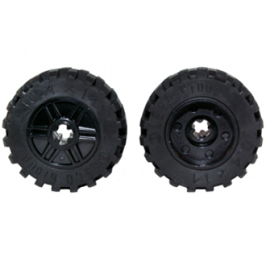 black wheel 18mm d x 14mm with axle hole fake bolts and shallow spokes with black tire 30.4 x 14 offset tread band around center of tread 55982 92402