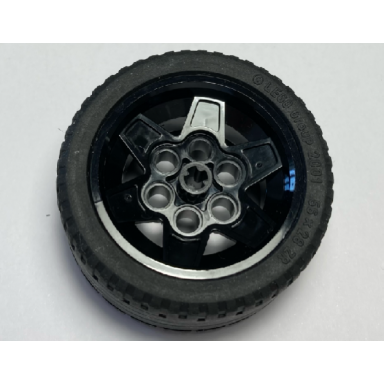 black wheel 43.2mm d x 26mm technic racing small 6 pin holes with black tire 56 x 28 zr street 56908 41897
