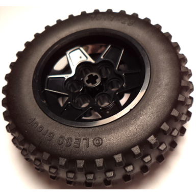 black wheel 43.2mm d x 26mm technic racing small 6 pin holes with black tire 75.1 x 28 spiky tread 56908 69909