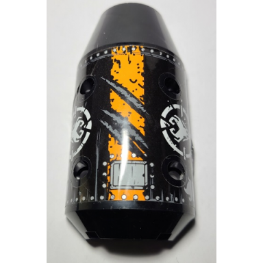black vehicle tipper drum 3 x 6 x 10 half with 4 pin holes with claw scratch marks orange stripe silver rivets and ninjago dragon hunter skull logo pattern sticker - set 70654