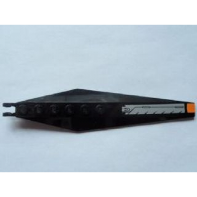 black hinge plate 3 x 12 with angled side extensions and tapered ends with black silver and orange pattern stickers - set 8634