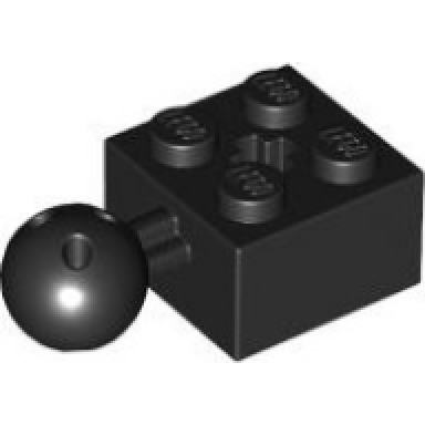 black technic brick modified 2 x 2 with ball joint and axle hole with 6 holes in ball