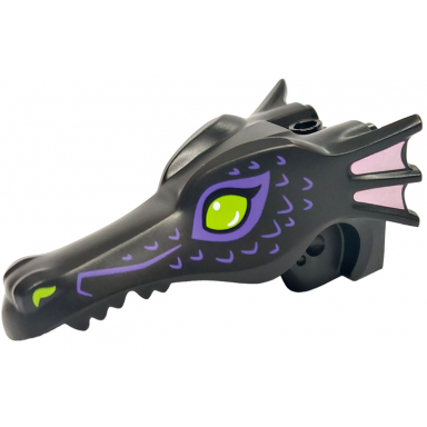 black dragon head disney princess jaw with lime eyes and nostrils dark purple scales and bright pink ears pattern