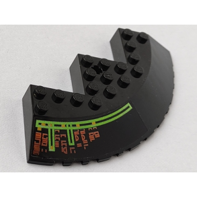 black brick round corner 10 x 10 with slope 33 edge axle hole facet cutout with light bars and alien characters pattern model left side sticker - set 7690