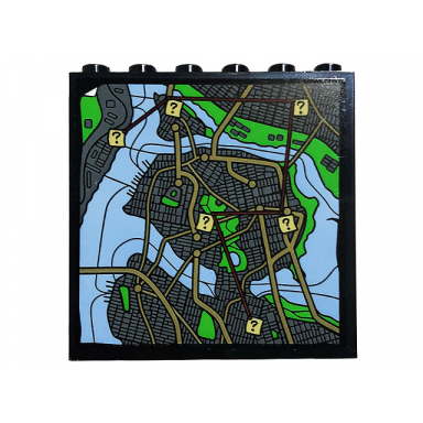 black panel 1 x 6 x 5 with map with water grass buildings and question marks pattern sticker - set 76183