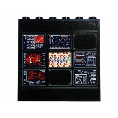black panel 1 x 6 x 5 with monitor screens with red minifigure motorcycle and question marks pattern sticker - set 76183