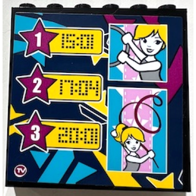 black panel 1 x 6 x 5 with tv screen with 3 magenta stars and times 15:01 17:04 20:01 and friends gymnasts pattern sticker - set 41372