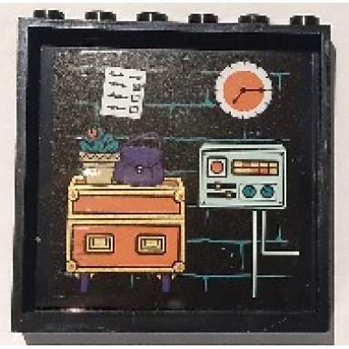 black panel 1 x 6 x 5 with bricks and dark turquoise mortar coral chest and clock dark purple handbag plant in tan pot light aqua control panel with sliders and lights pattern model left side sticker - set 41714