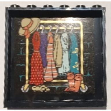 black panel 1 x 6 x 5 with bricks and dark turquoise mortar coral boots tan shoes and hat hanging clothes on gold rail pattern model right side sticker - set 41714