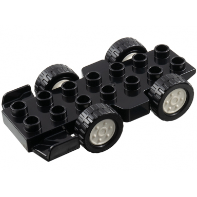 duplo car base 2 x 7 with formula 1 racer front wing with fixed axles black tires and white wheels
