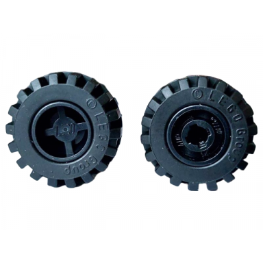 black wheel 11mm d x 12mm hole notched for wheels holder pin with black tire 21mm d x 12mm - offset tread small wide band around center of tread 6014b 87697