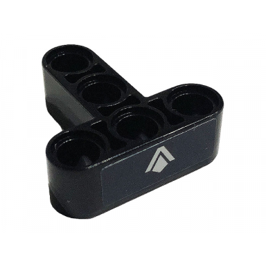 black technic liftarm modified t-shape thick 3 x 3 with silver letter v shaped logo on dark blue background pattern sticker - set 42112