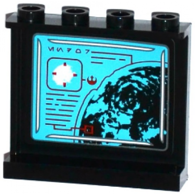 black panel 1 x 4 x 3 with side supports - hollow studs with planet map aurebesh characters endor and red sw rebel alliance symbol pattern on inside sticker - set 75094