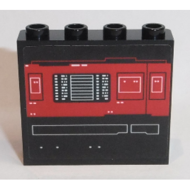 black panel 1 x 4 x 3 with side supports - hollow studs with red screen with white rectangles and buttons and white symbols pattern sticker - set 75190