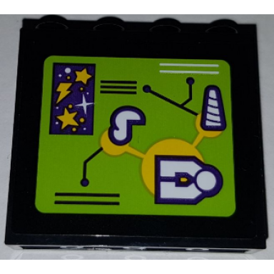 black panel 1 x 4 x 3 with side supports - hollow studs with lime screen pattern sticker - set 41454