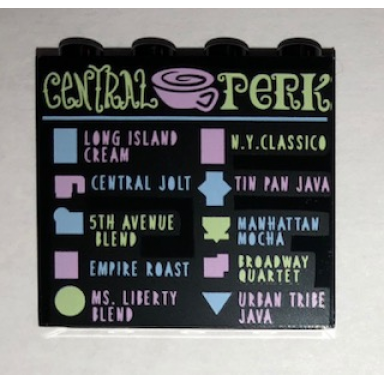 black panel 1 x 4 x 3 with side supports - hollow studs with central perk coffee menu pattern