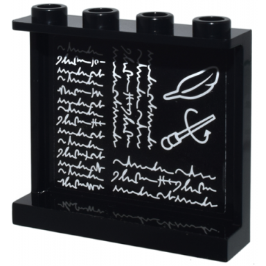 black panel 1 x 4 x 3 with side supports - hollow studs with white magic wand feather and writing on blackboard pattern on inside sticker - set 76385
