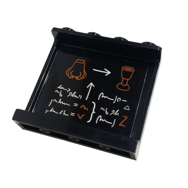 black panel 1 x 4 x 3 with side supports - hollow studs with goblet frog white arrows and magic spell writing on blackboard pattern on inside sticker - set 76382