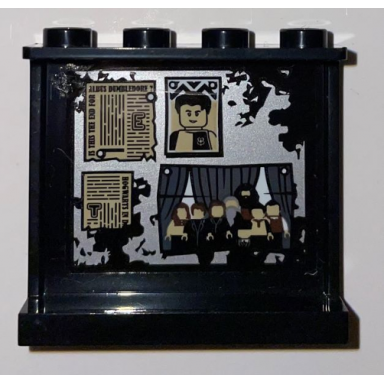 black panel 1 x 4 x 3 with side supports - hollow studs with newspaper clippings and pictures on worn silver background pattern sticker - set 75966