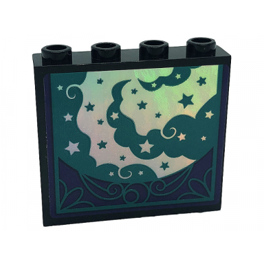 black panel 1 x 4 x 3 with side supports - hollow studs with dark turquoise and silver stars and swirls on dark purple background pattern 2 sticker - set 41685